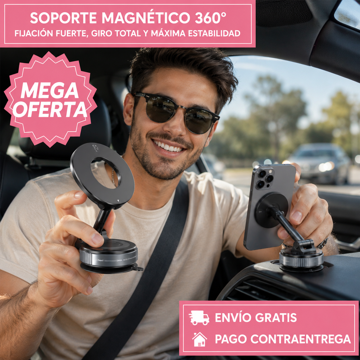 SOPORTE MAGNÉTICO 360°: Giro 360° y agarre potente.