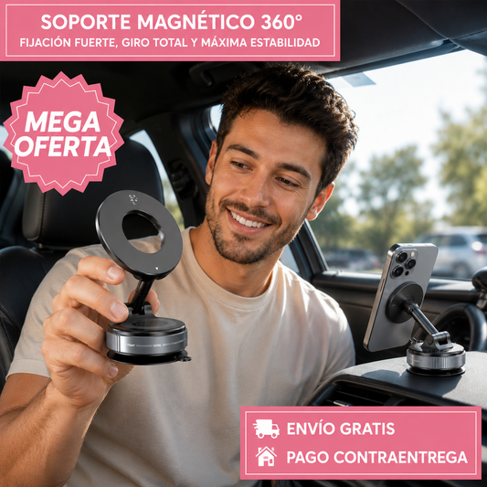 SOPORTE MAGNÉTICO 360°: Giro 360° y agarre potente.