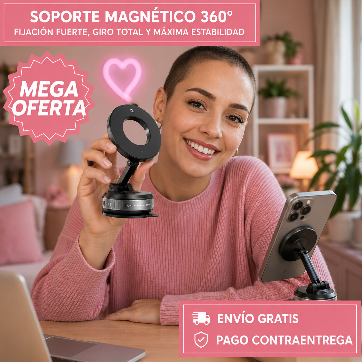 SOPORTE MAGNÉTICO 360°: Giro 360° y agarre potente.