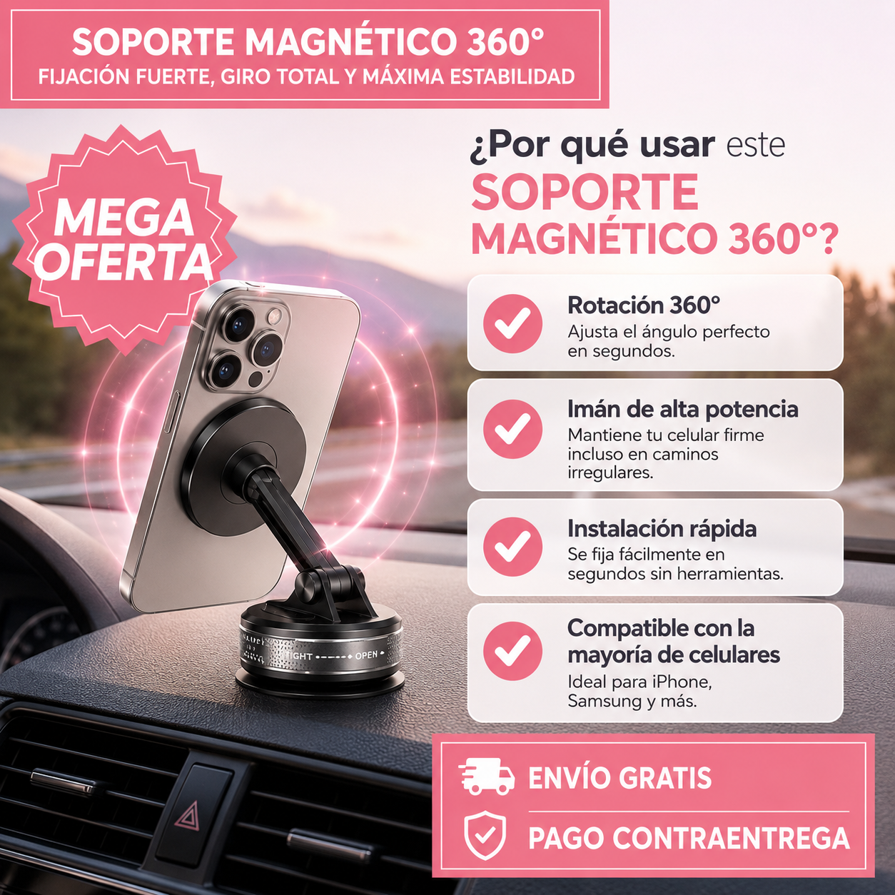 SOPORTE MAGNÉTICO 360°: Giro 360° y agarre potente.