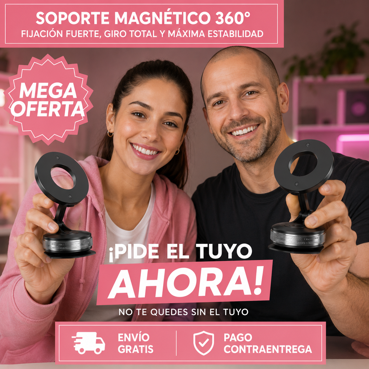 SOPORTE MAGNÉTICO 360°: Giro 360° y agarre potente.